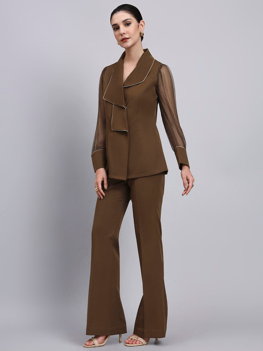 Tailored brown Co-Ord Set Featuring double collar top with contrast piping and Flared Pants