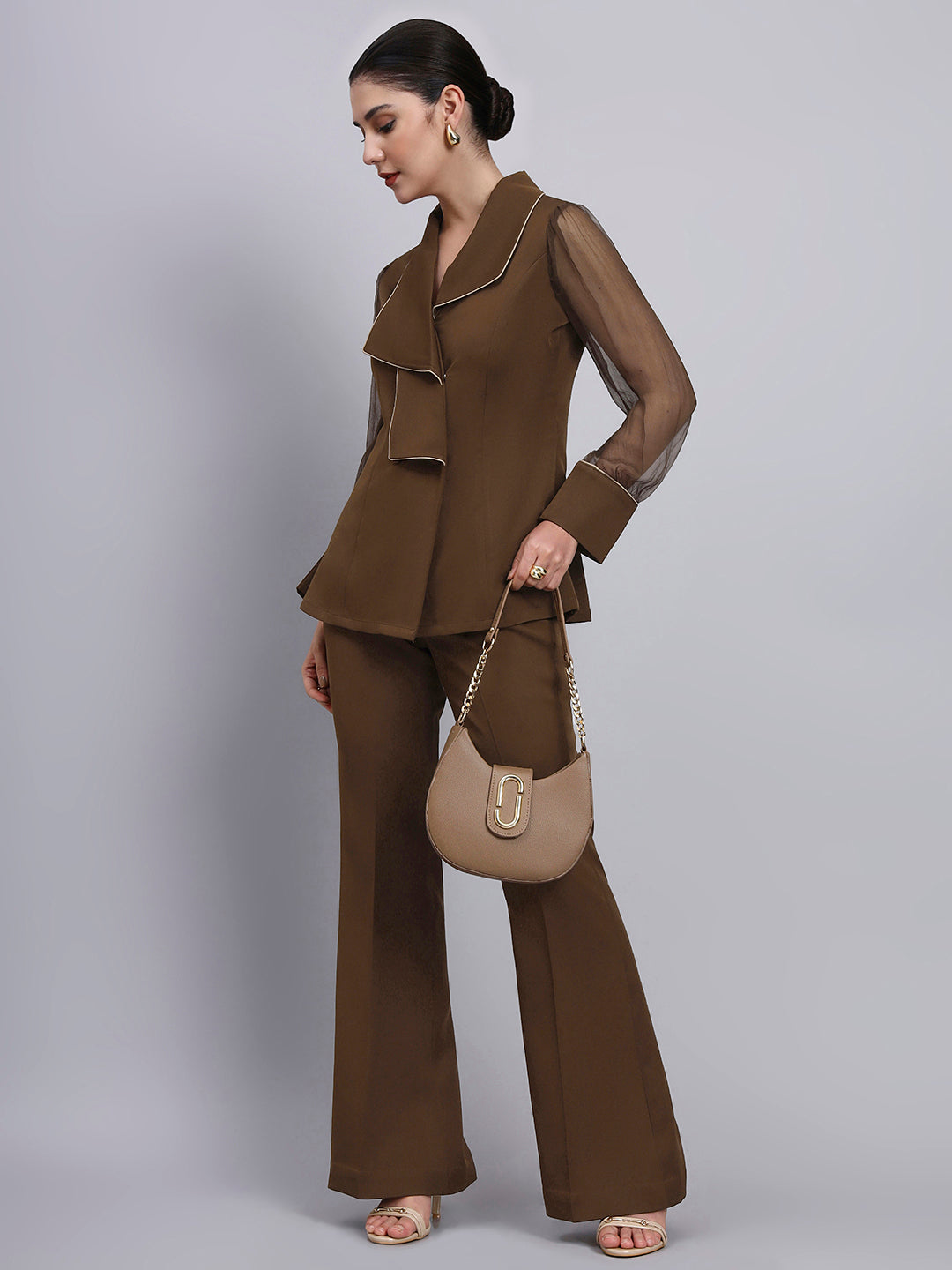Tailored brown Co-Ord Set Featuring double collar top with contrast piping and Flared Pants