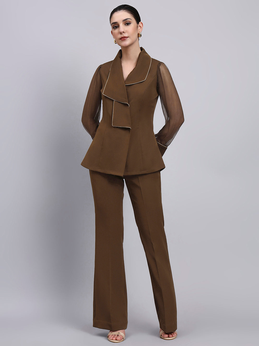 Tailored brown Co-Ord Set Featuring double collar top with contrast piping and Flared Pants