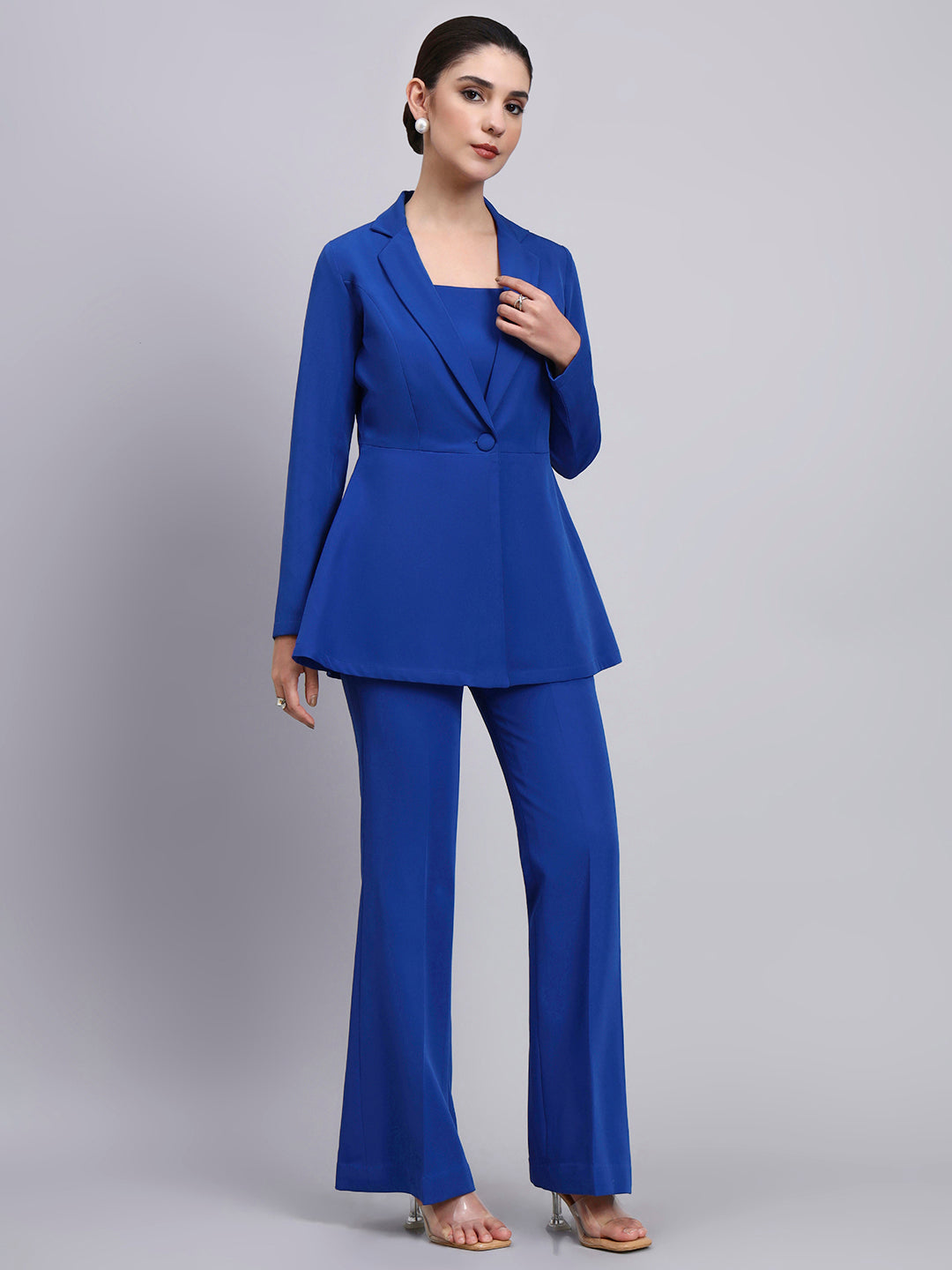 Tailored Cobalt Blue Co-Ord Set Featuring Peplum Blazer with Flared Pants