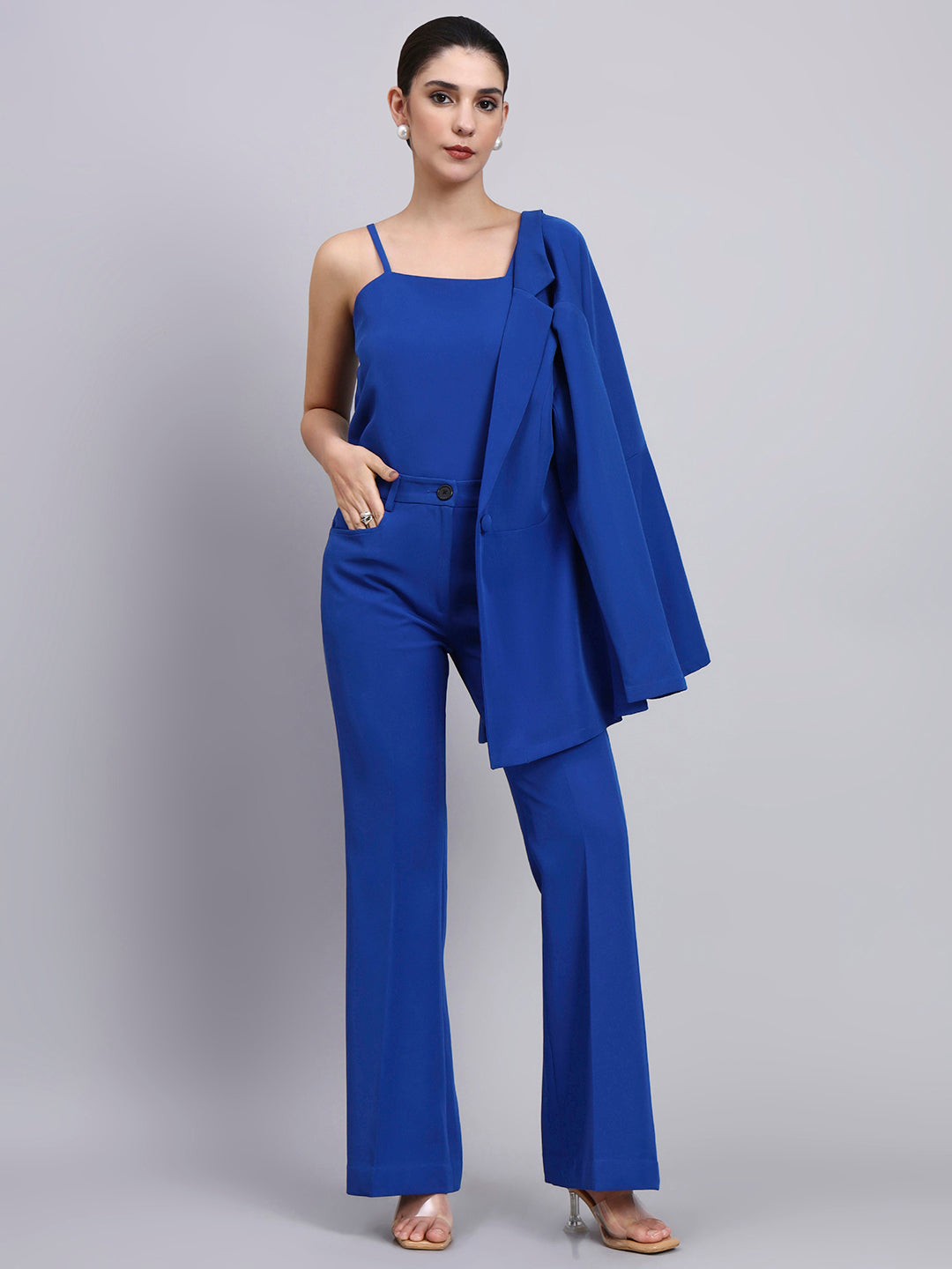 Women Tailored Cobalt Blue Co-Ord Set with Peplum Blazer