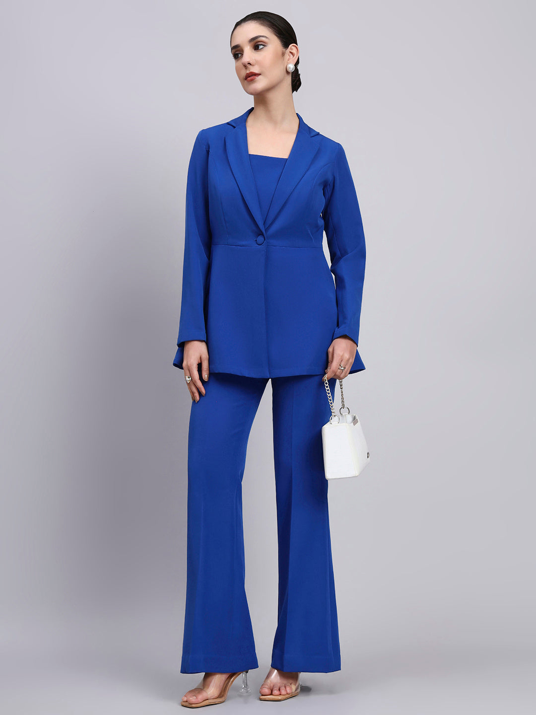 Tailored Cobalt Blue Co-Ord Set Featuring Peplum Blazer with Flared Pants