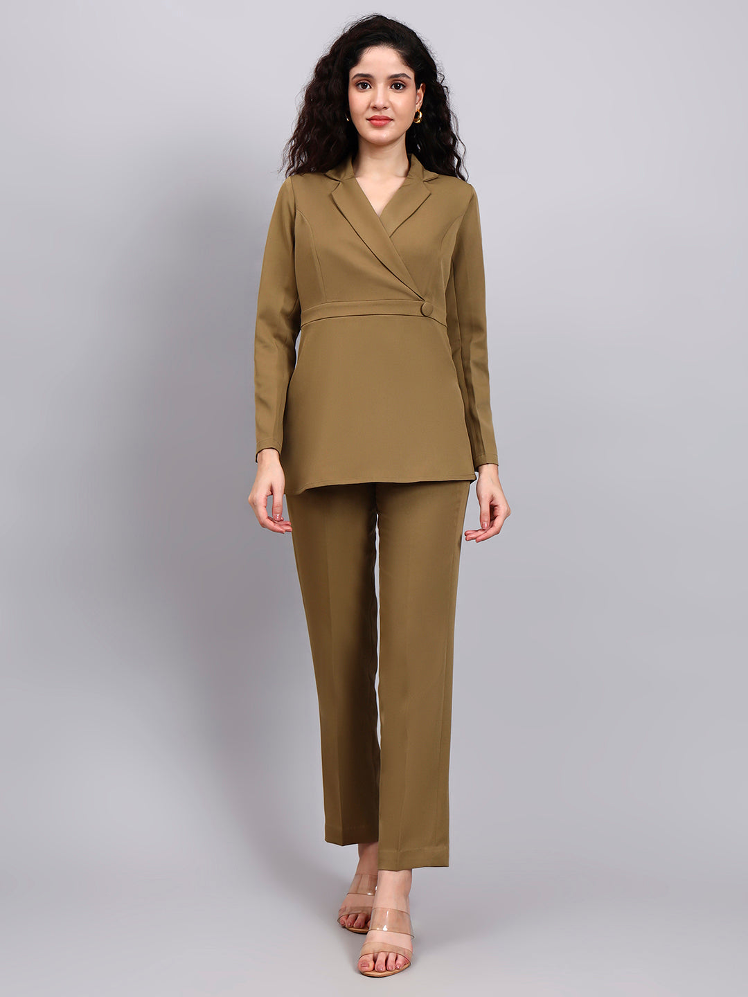Power Dressing Redefined In An Olive Wrap Co-Ord Set