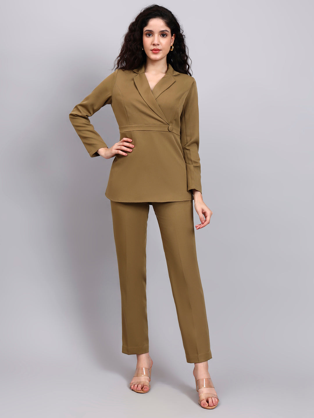 Power Dressing Willow Green Co-Ord Set Wrap Top With Straight Trousers