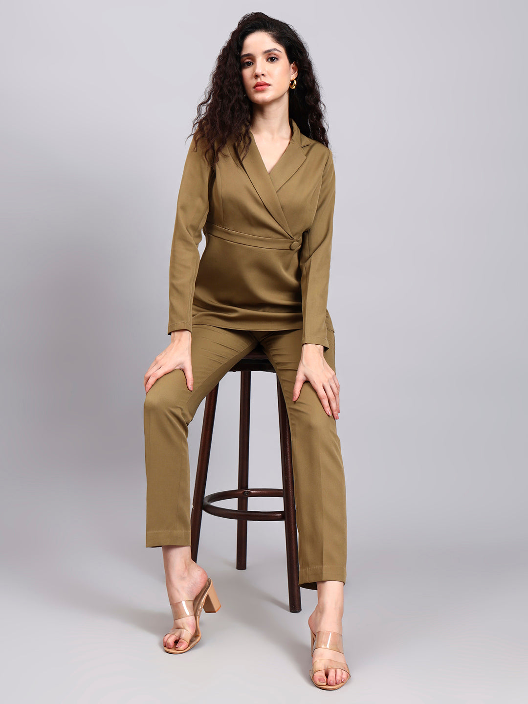 Power Dressing Willow Green Co-Ord Set Wrap Top With Straight Trousers