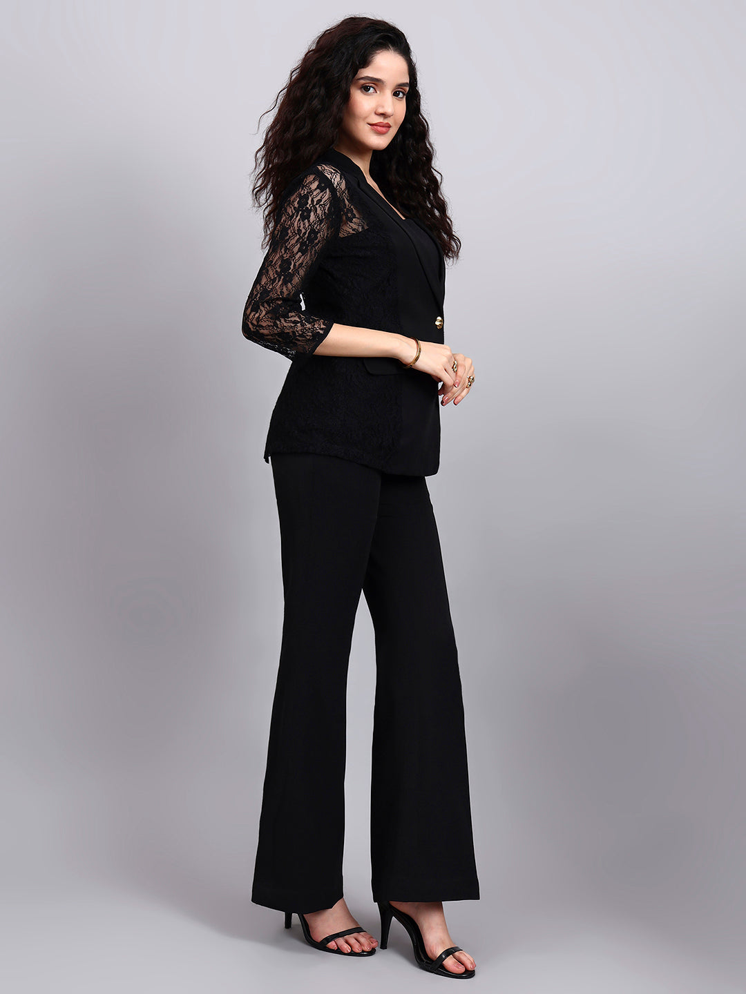 Black Lace Élan 3-Piece Co-Ord Set with Tailored Blazer, Camisole & Straight Trousers