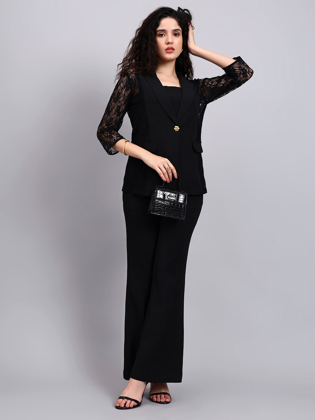 Black Lace Élan 3-Piece Co-Ord Set with Tailored Blazer, Camisole & Straight Trousers