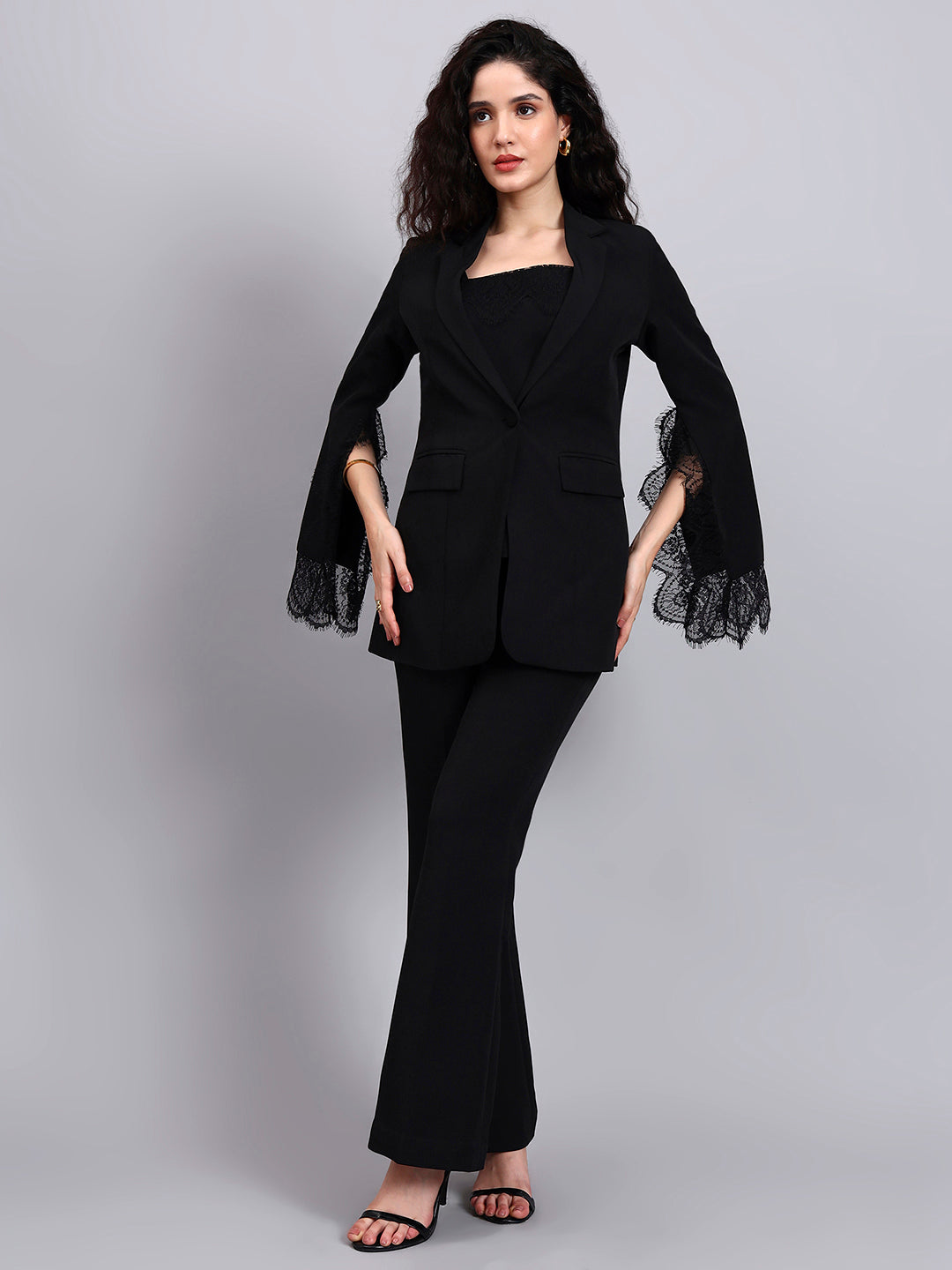 Black Swan 3-Piece Co-Ord Set with Tailored Lace-Trimmed Blazer, V-Neck Camisole, and Flared Trousers