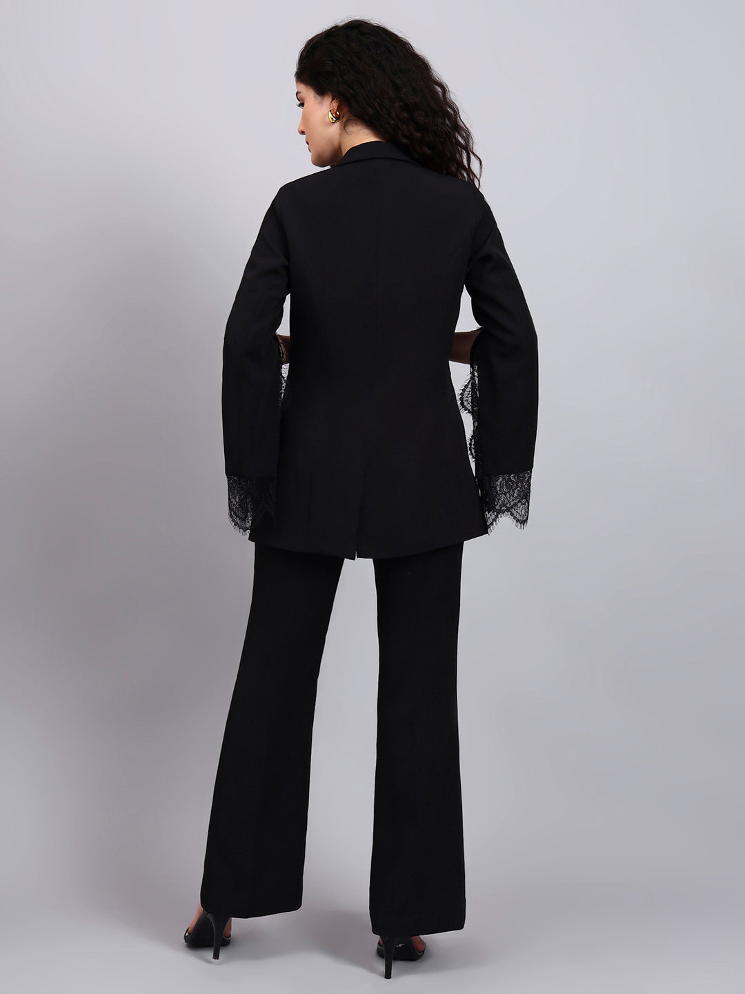 Black Swan 3-Piece Co-Ord Set with Tailored Lace-Trimmed Blazer, V-Neck Camisole, and Flared Trousers