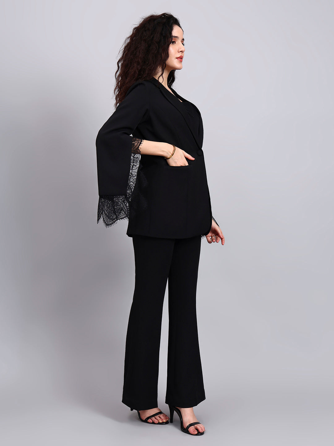 Black Swan 3-Piece Co-Ord Set with Tailored Lace-Trimmed Blazer, V-Neck Camisole, and Flared Trousers