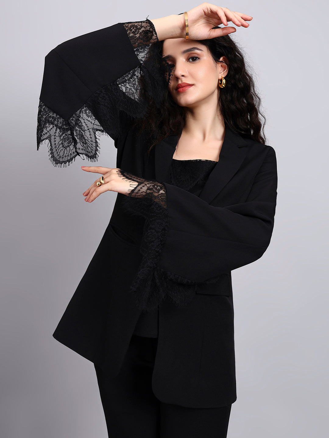 Black Swan 3-Piece Co-Ord Set with Tailored Lace-Trimmed Blazer, V-Neck Camisole, and Flared Trousers