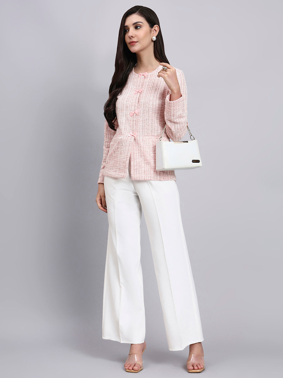 Baby Pink Textured Stretchable Top With Dainty Bow Closures Paired With Classic Regular Fit Mid-Rise Parallel Trousers