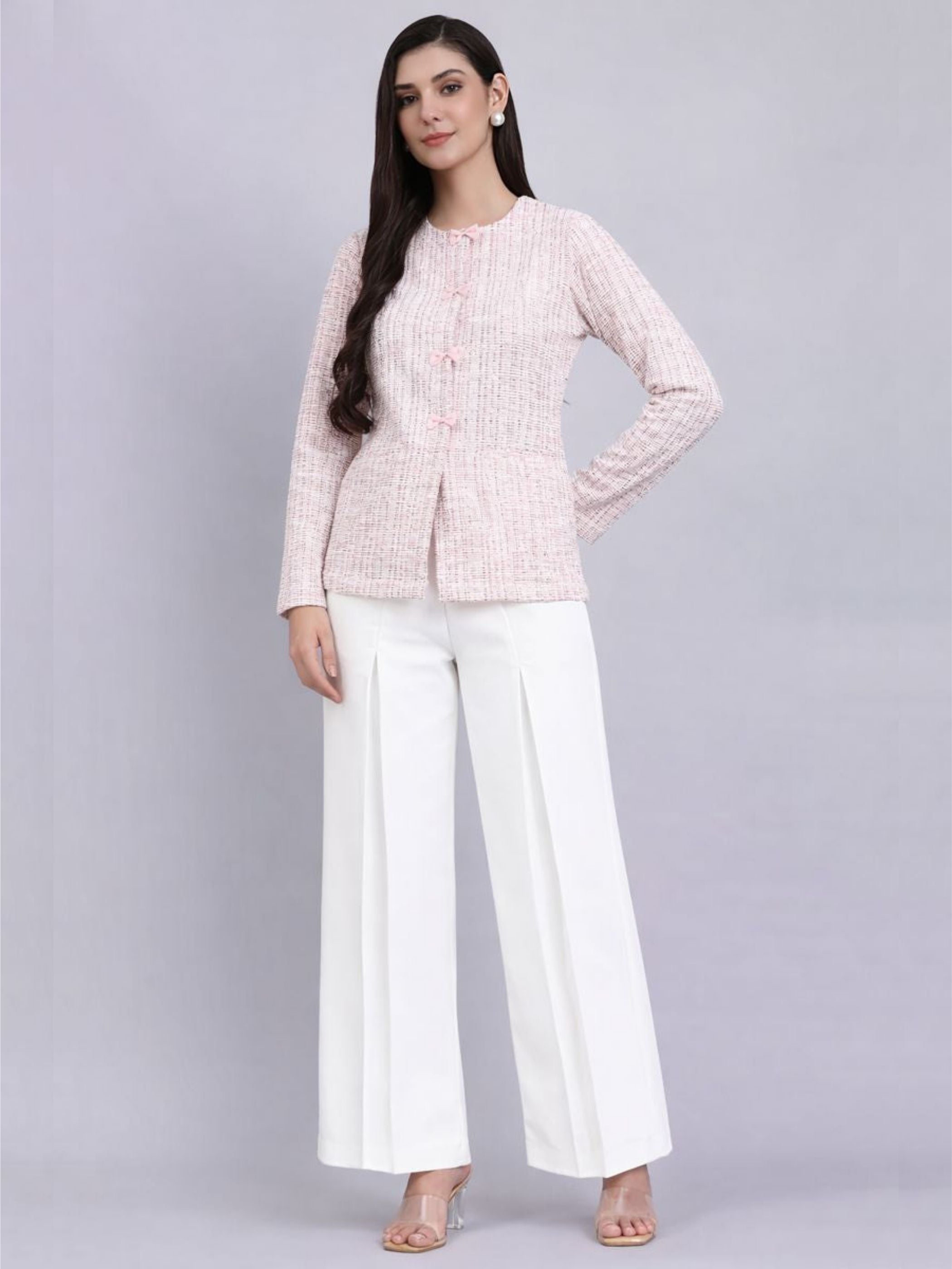 Baby pink Warm Tweed stretchable top Paired With Classic Straight Fit High-Rise Pleated Trousers