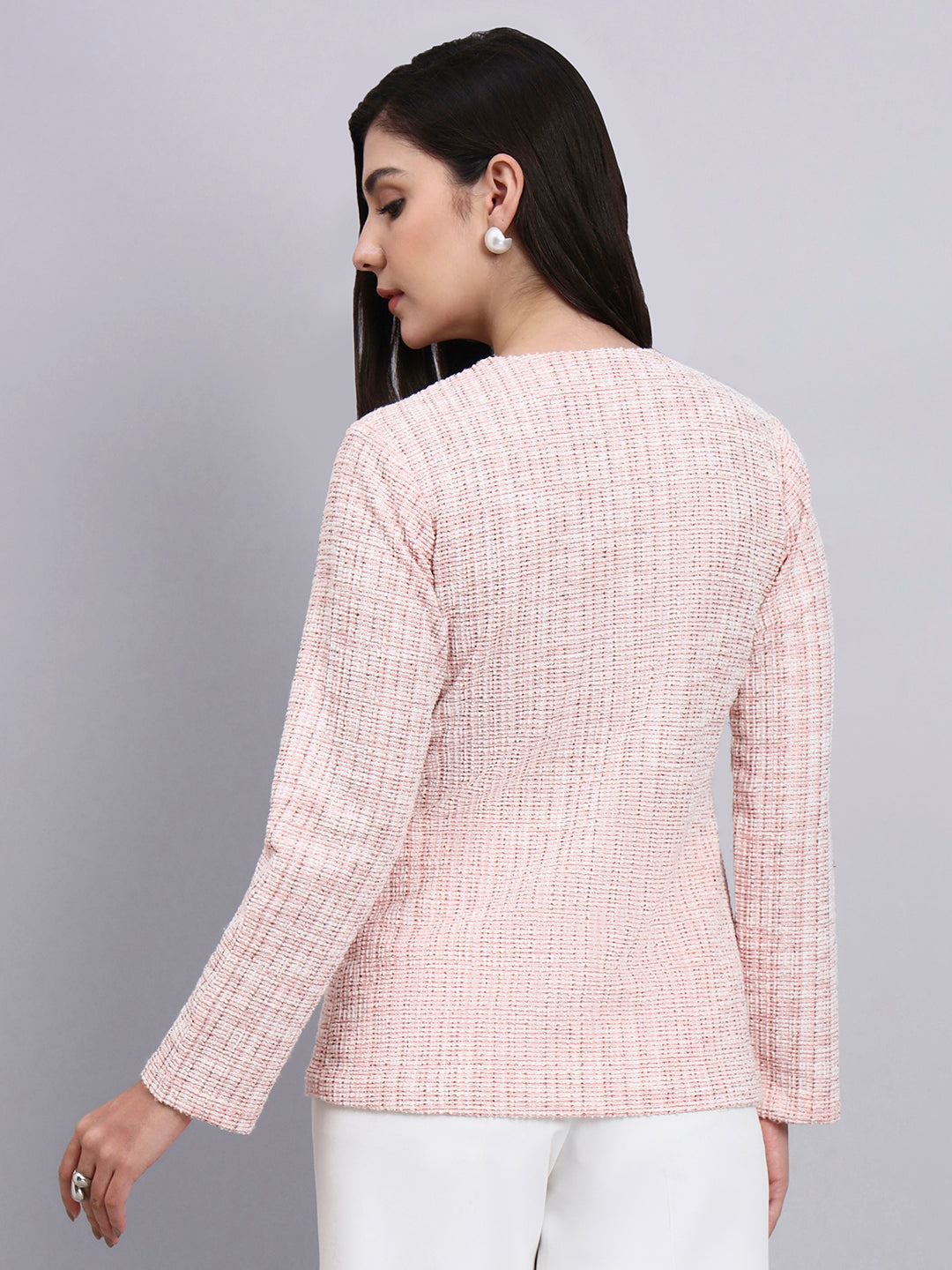 Baby pink Warm Tweed stretchable top Paired With Classic Regular Fit Mid-Rise Parallel Trousers
