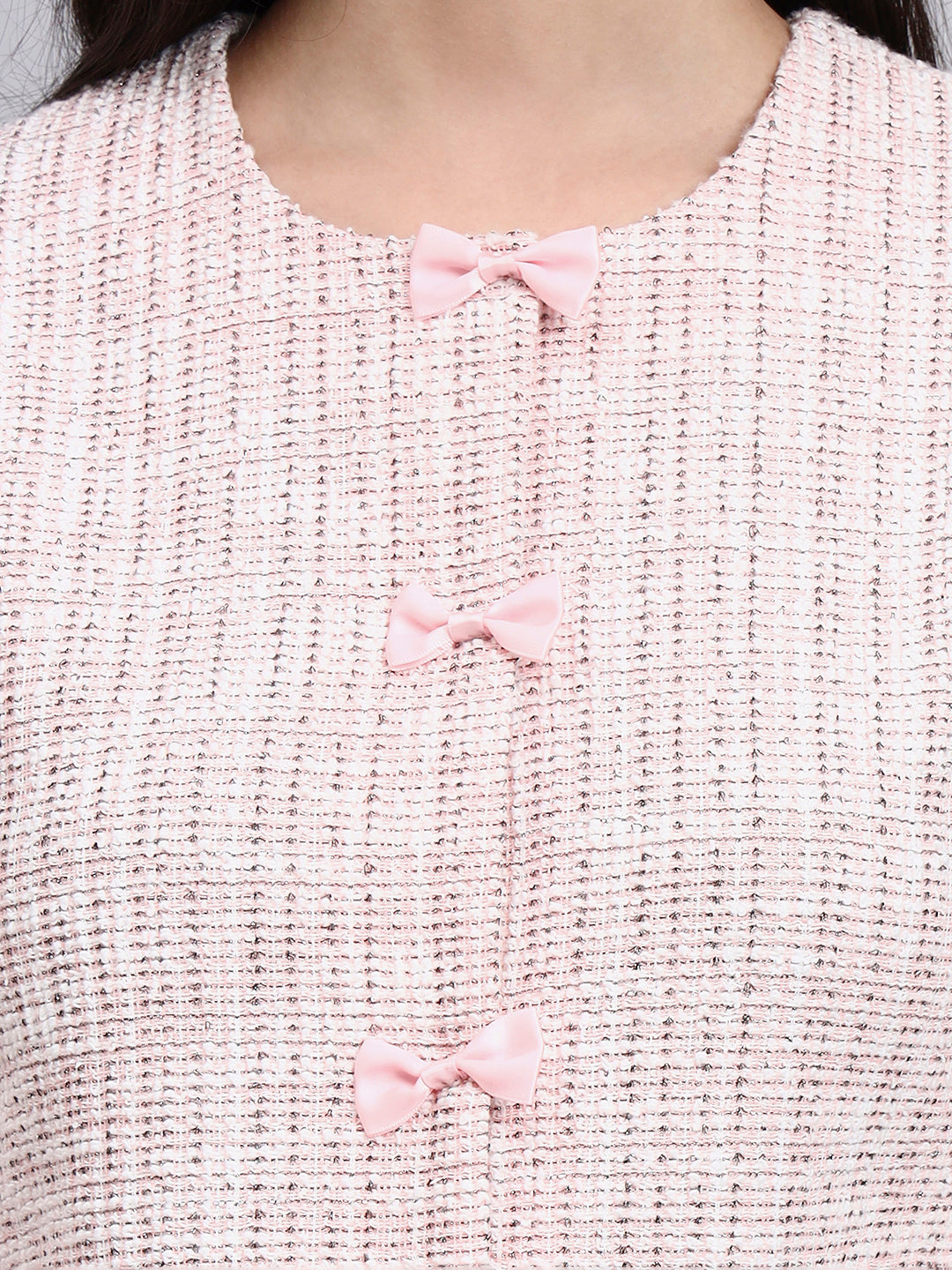 Baby pink Warm Tweed stretchable top Paired With Classic Regular Fit Mid-Rise Parallel Trousers