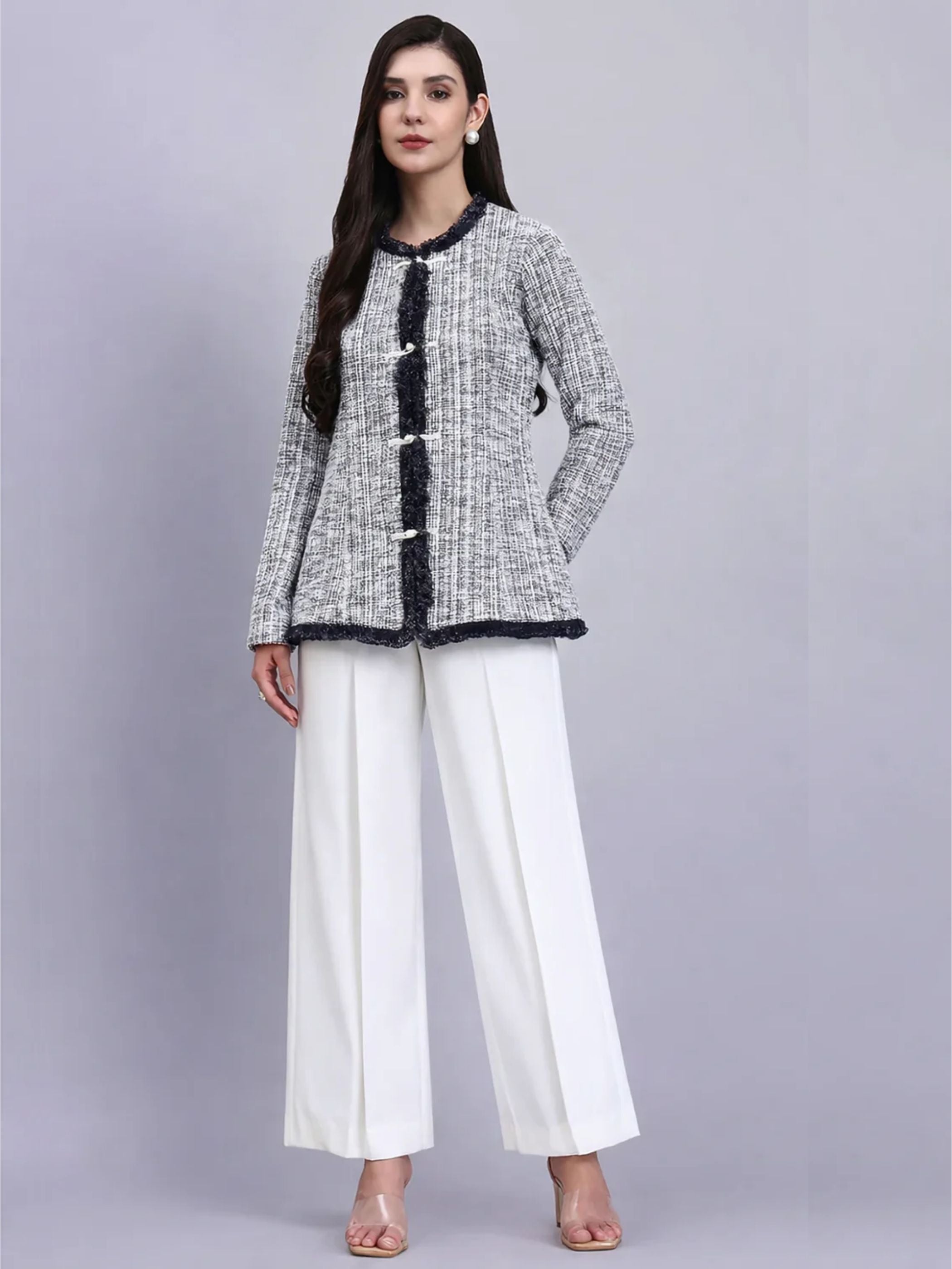 Chic Black and White Warm Tweed stretchable top Paired With Classic Straight Fit High-Rise Pleated Trousers