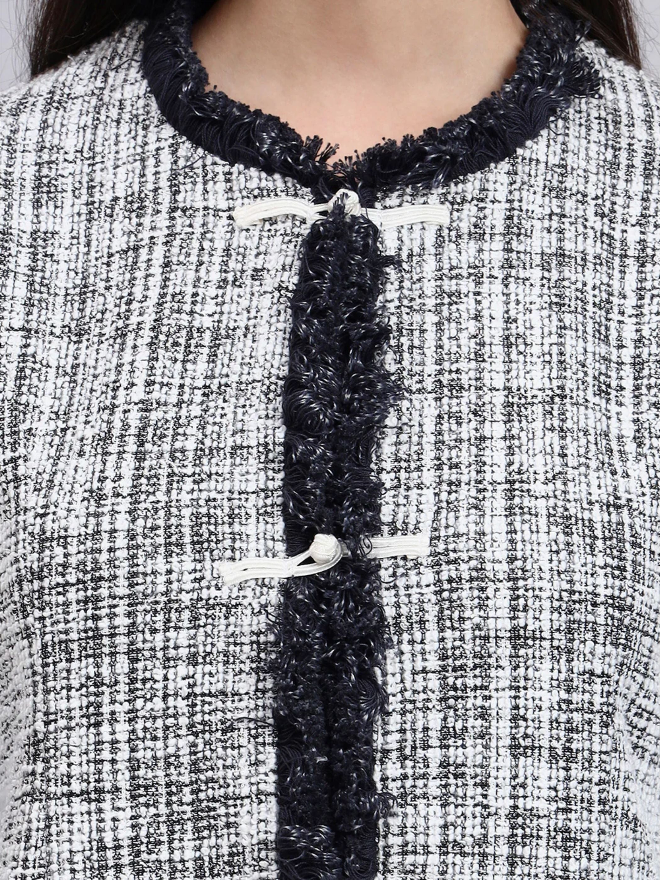 Chic Black and White Warm Tweed stretchable top Paired With Classic Straight Fit High-Rise Pleated Trousers