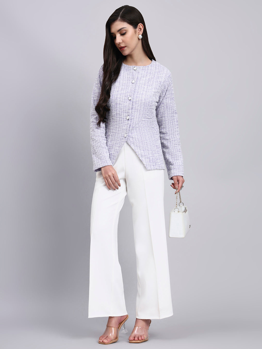 Elegant lavender Warm Tweed Stretchable top Paired With Classic Regular Fit Mid-Rise Parallel Trousers