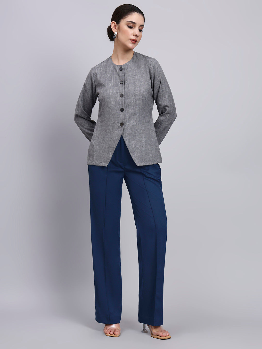 Women Tailored Grey Textured top with Flared Navy Blue Pants co-ord set