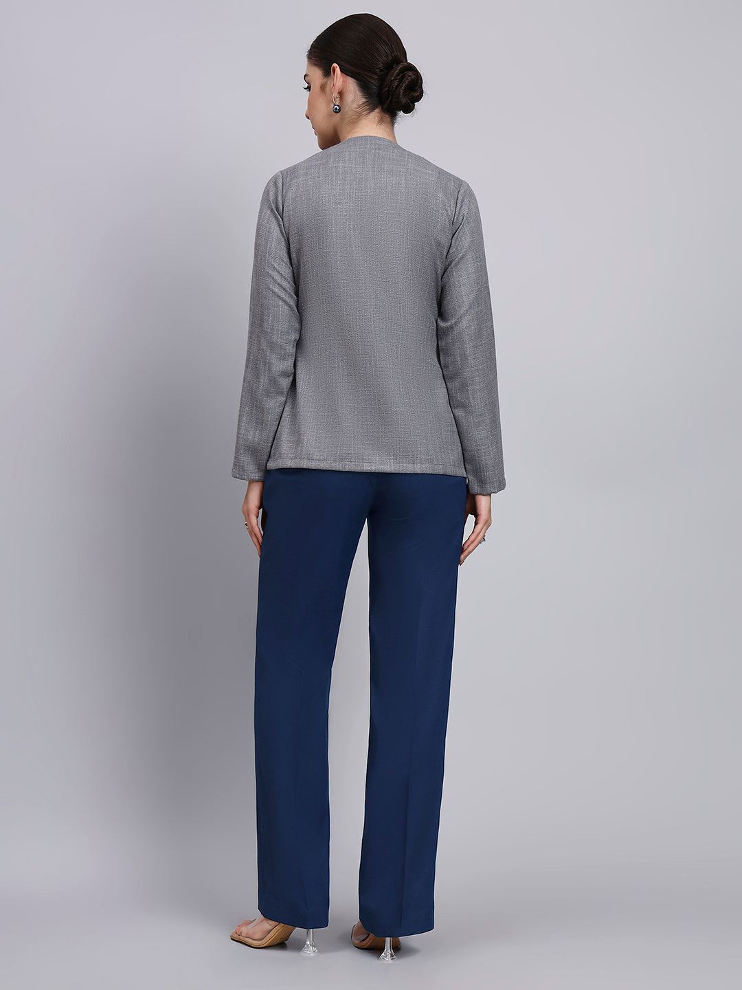 Women Tailored Grey Textured top with Flared Navy Blue Pants co-ord set