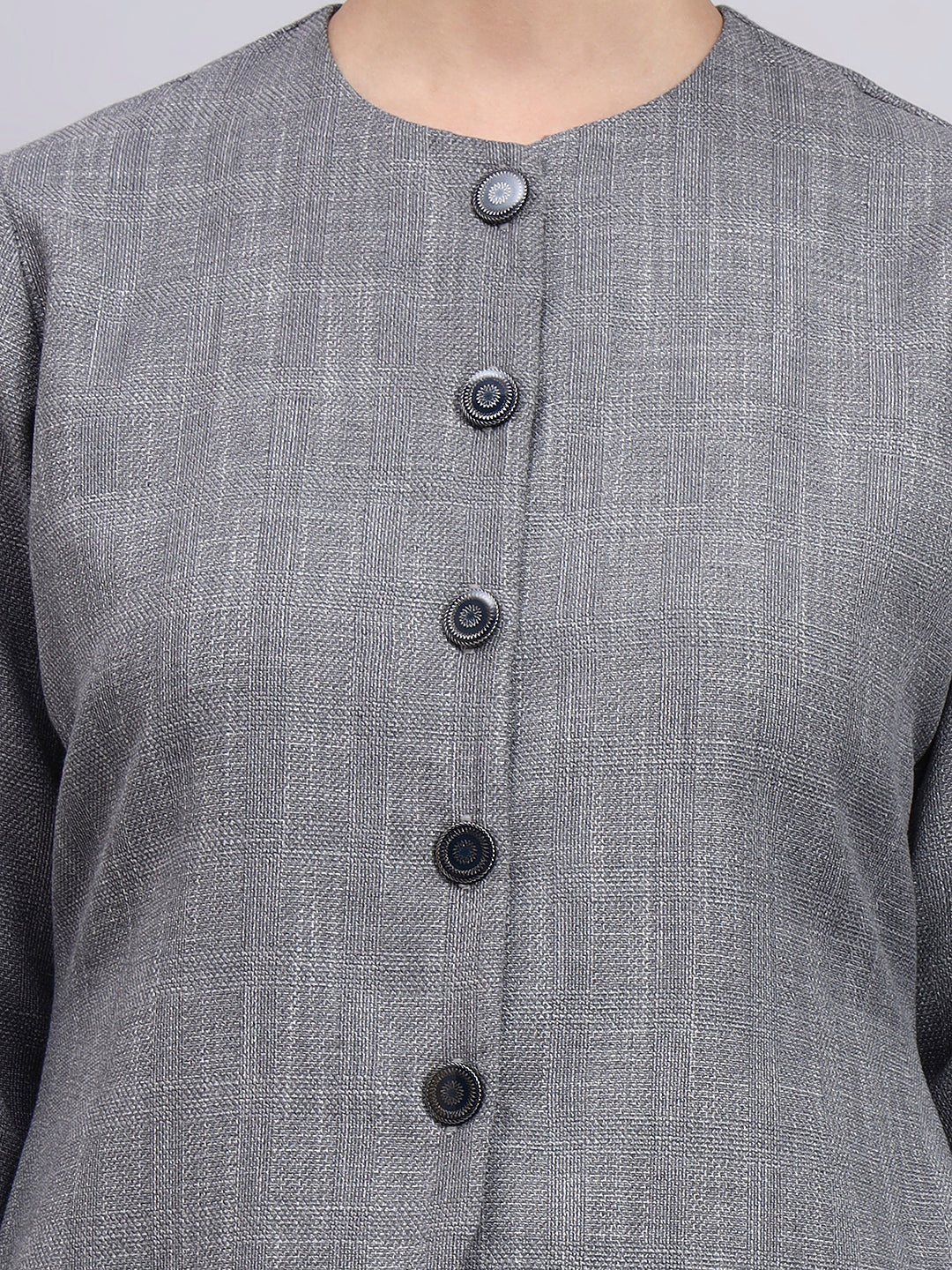 Tailored Grey Textured co-ord set featuring metallic button with Flared Navy Blue Pants