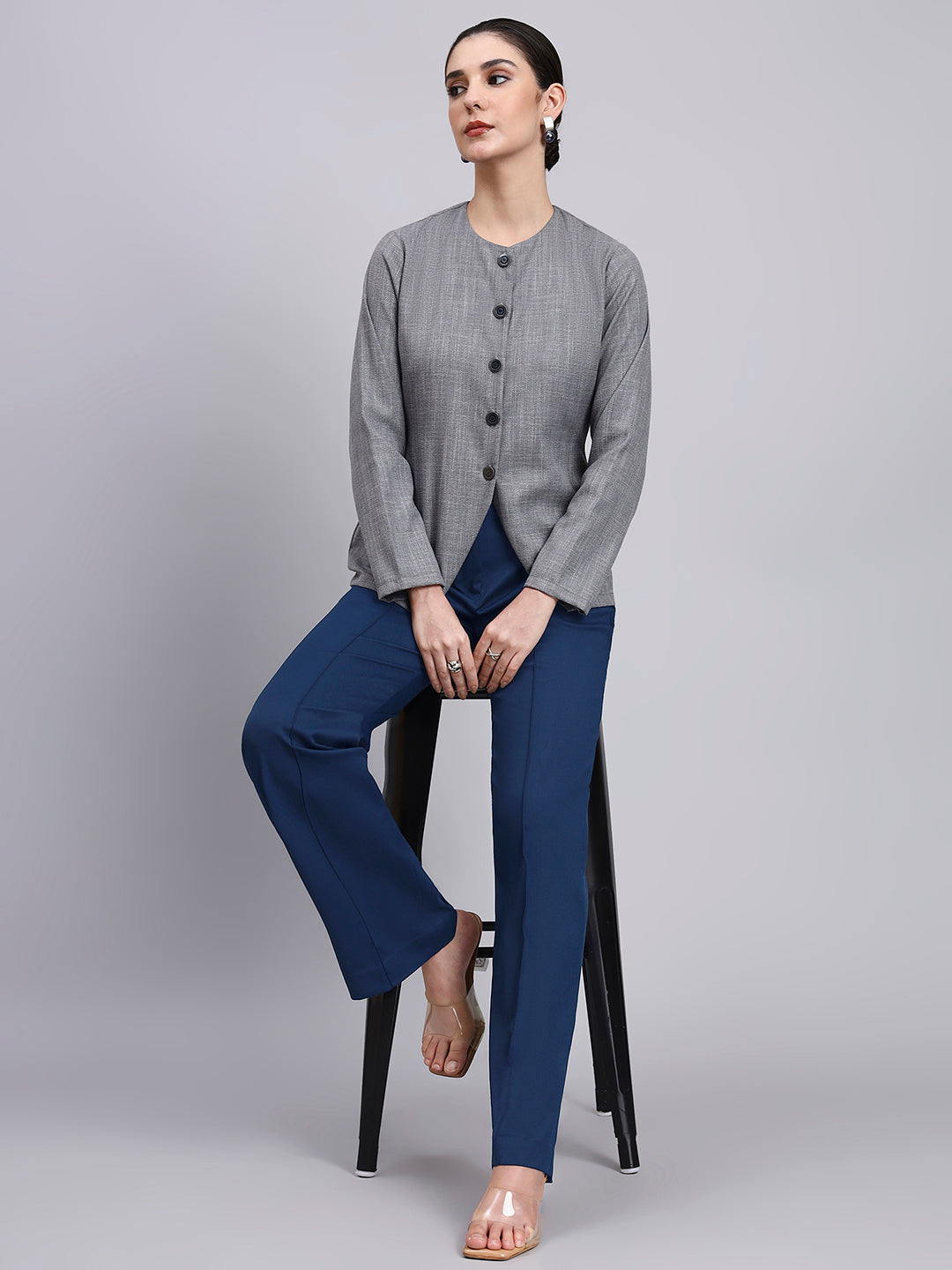 Tailored Grey Textured co-ord set featuring metallic button with Flared Navy Blue Pants