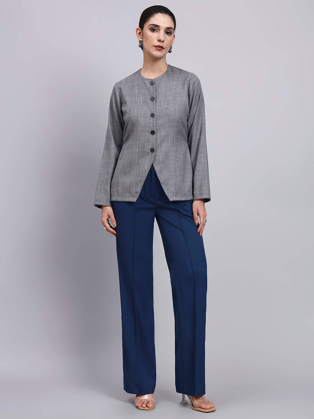 Women Tailored Grey Textured top with Flared Navy Blue Pants co-ord set