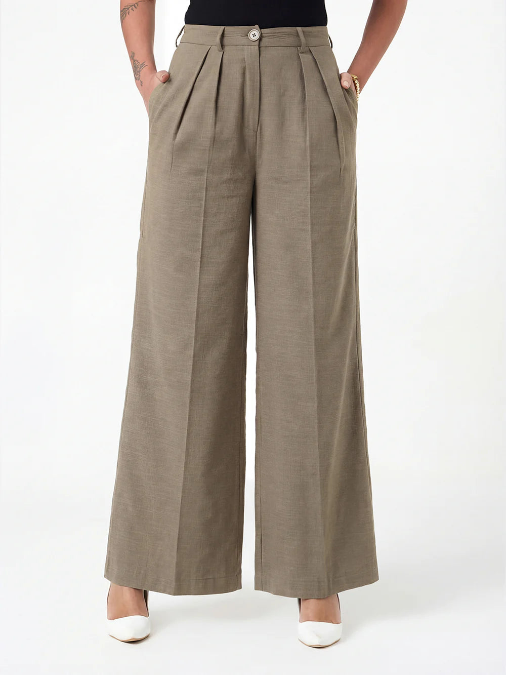 Women Green High Rise Loose-Fit Formal Trouser