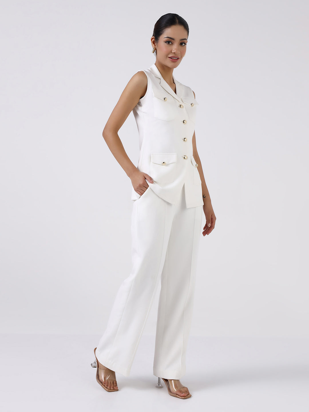 Women White Sleeveless Co-Ord Set