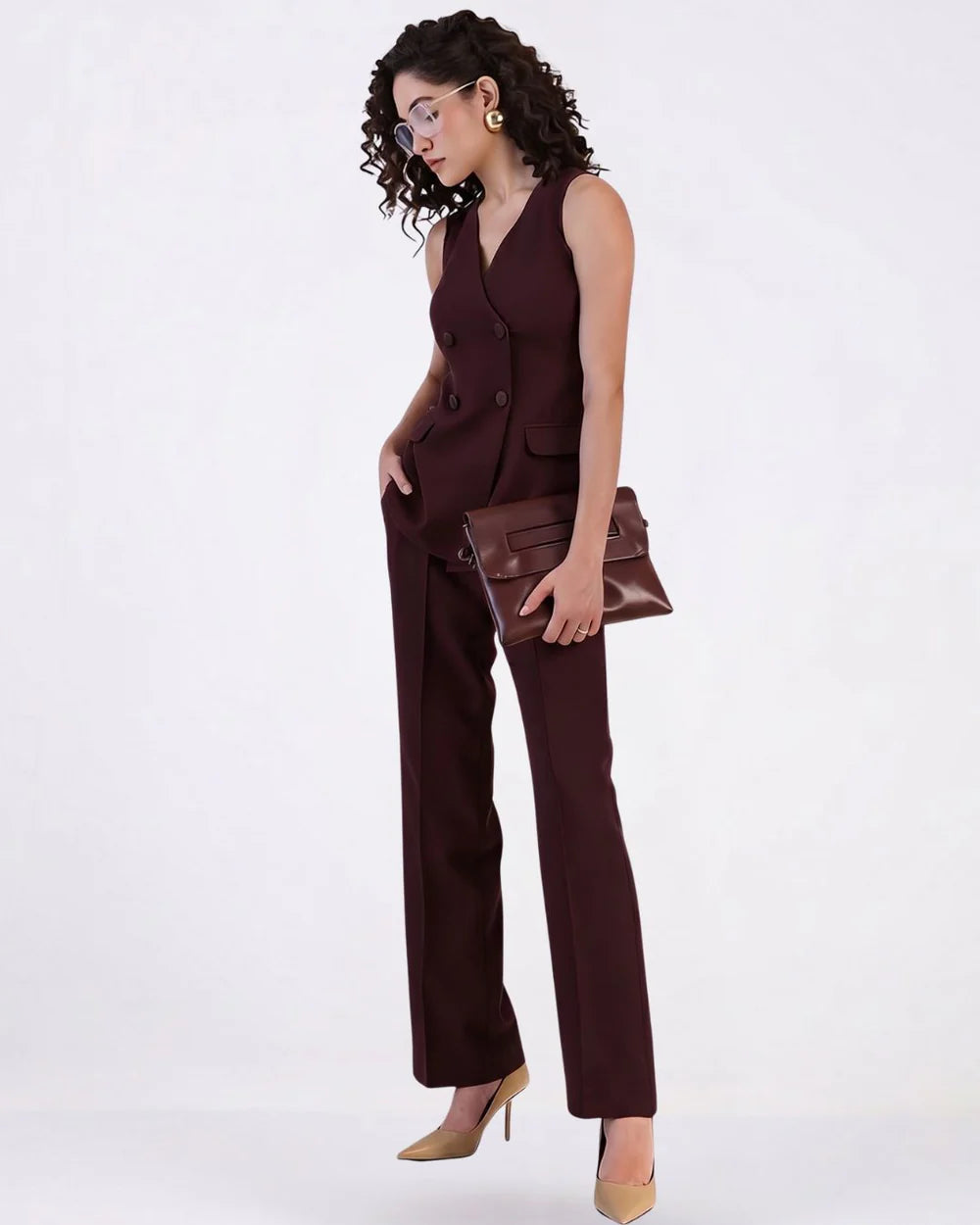 Women Burgundy Double Breasted Co-ord Set