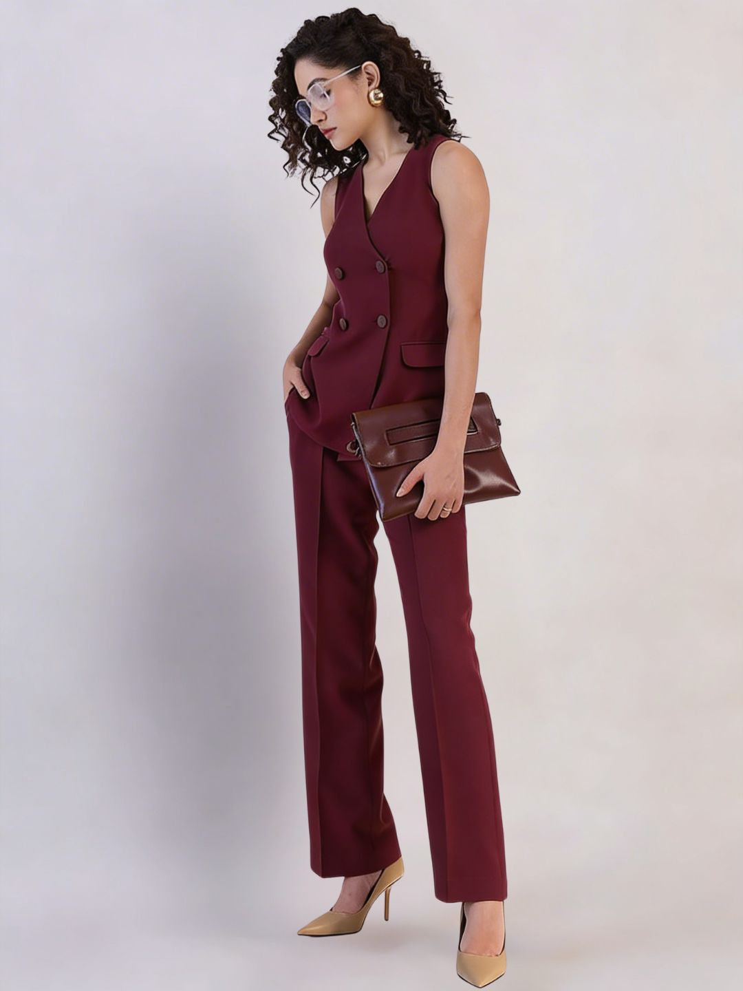 Women Burgundy Double Breasted Co-ord Set