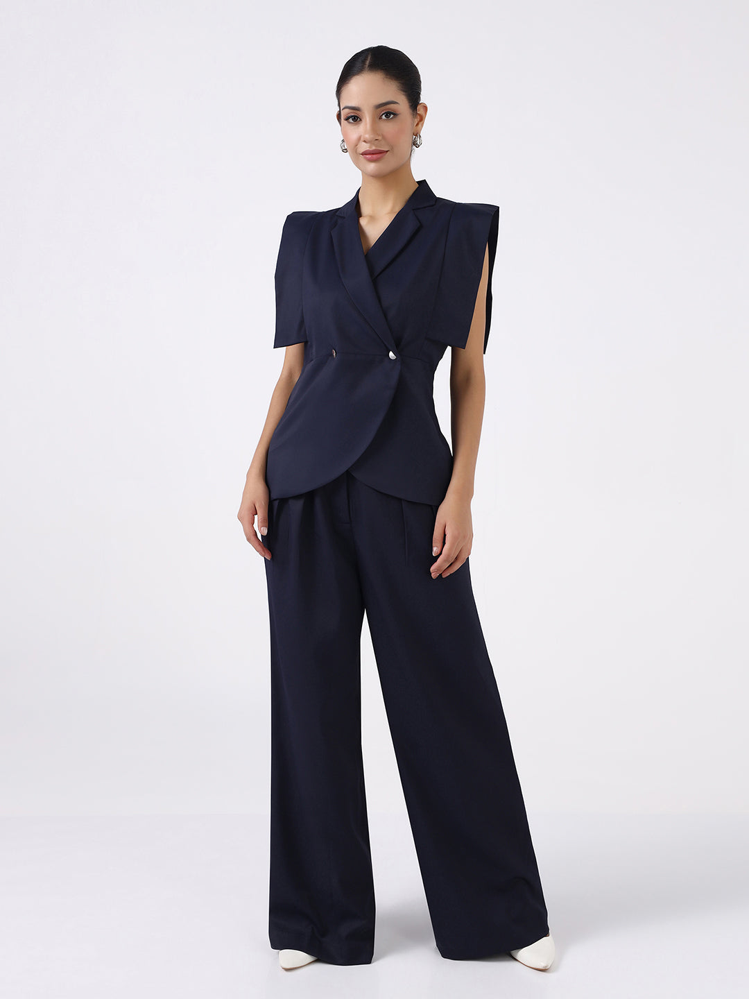 Women Navy Blue Boss Peplum Co-Ord Set