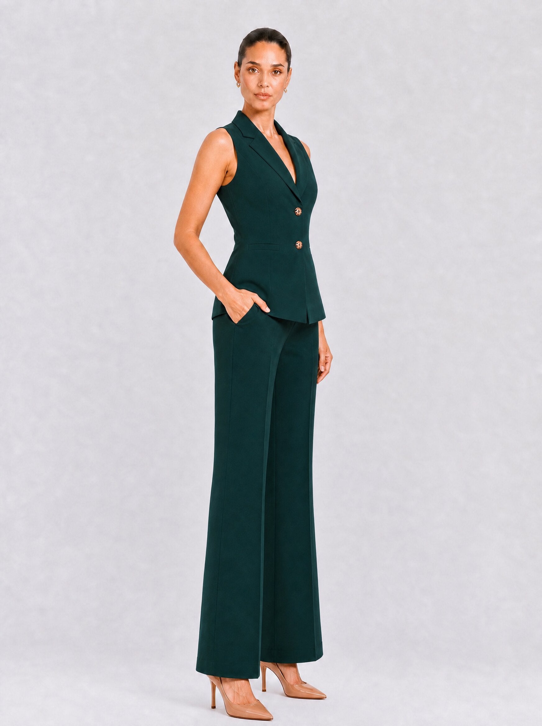 Womens Bottle Green Sleeveless Single-Breasted Co-ord Set