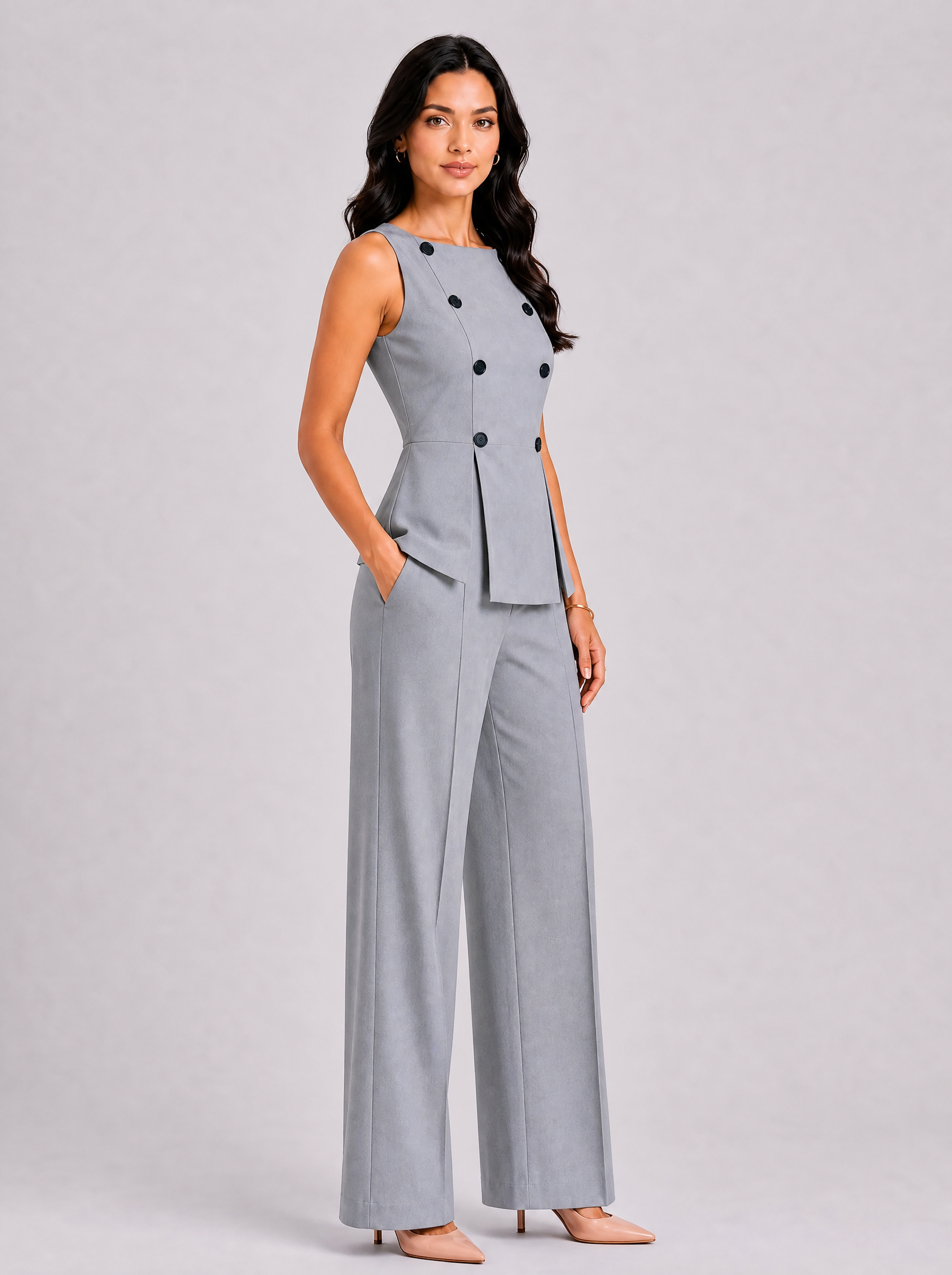 Women Light Grey Buttoned Co-Ord Set
