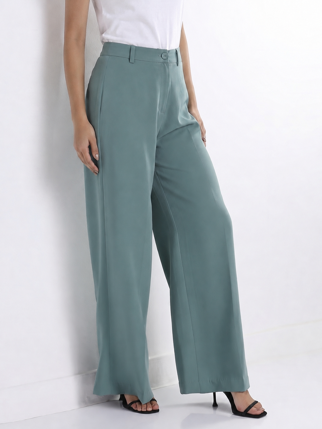 Women Sage Green High-Rise Trousers