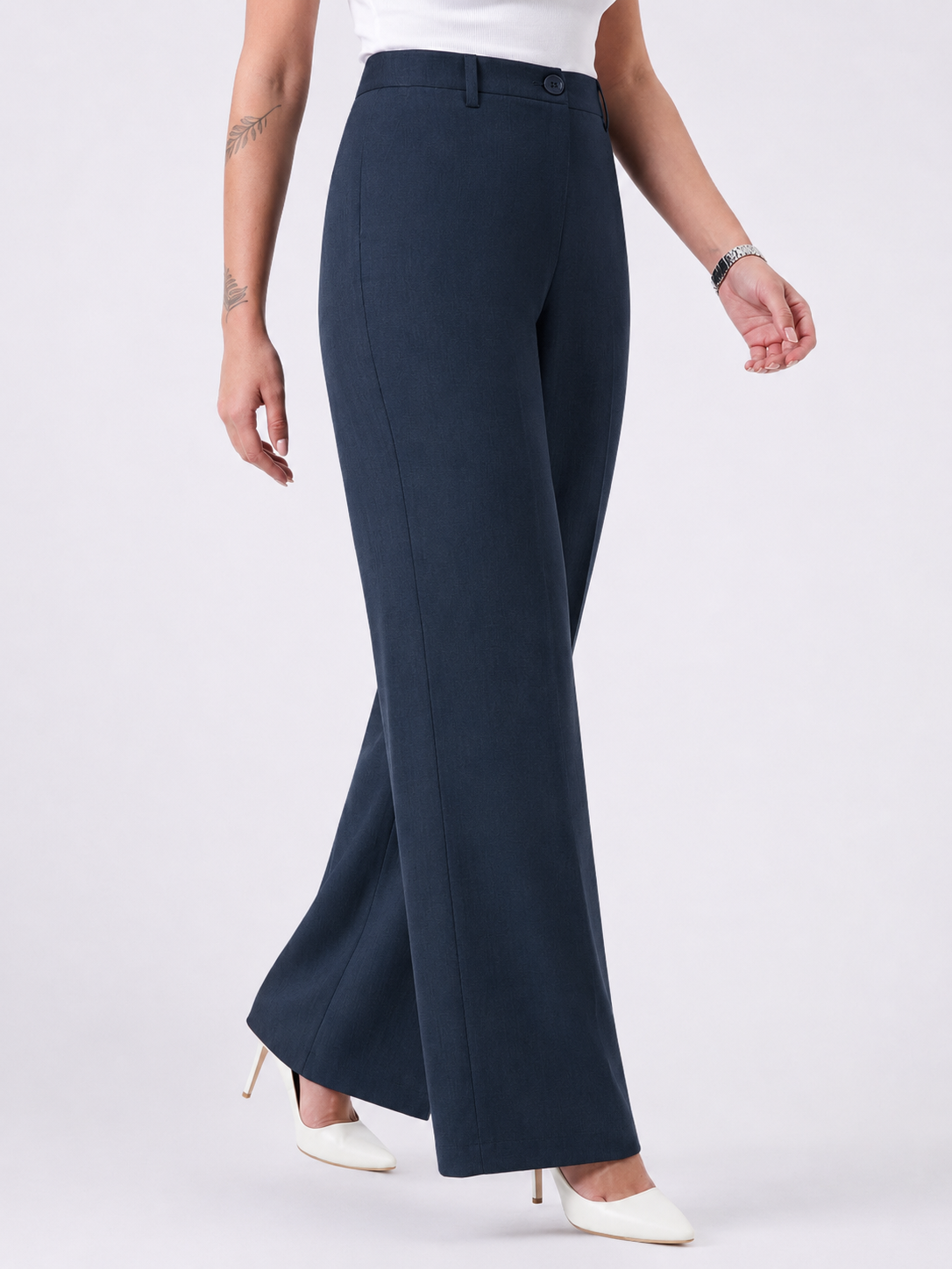 Women Navy Blue Stretch High Rise Pleated Trouser
