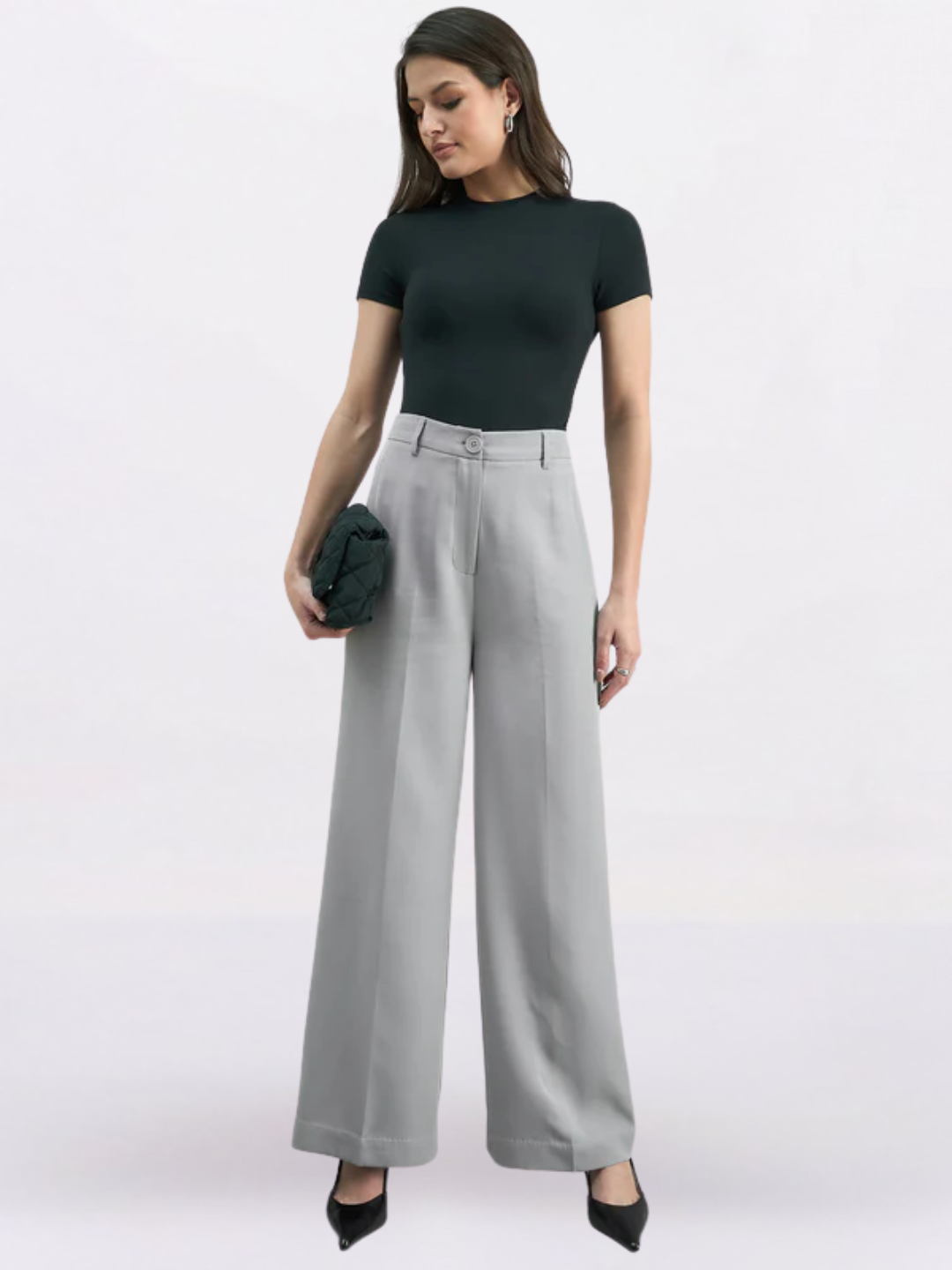 Women Grey Straight Fit High-Rise Trousers
