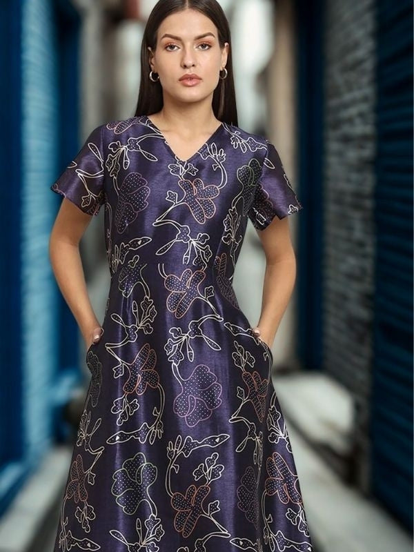 Women Floral Printed Silk Fit & Flare Dress