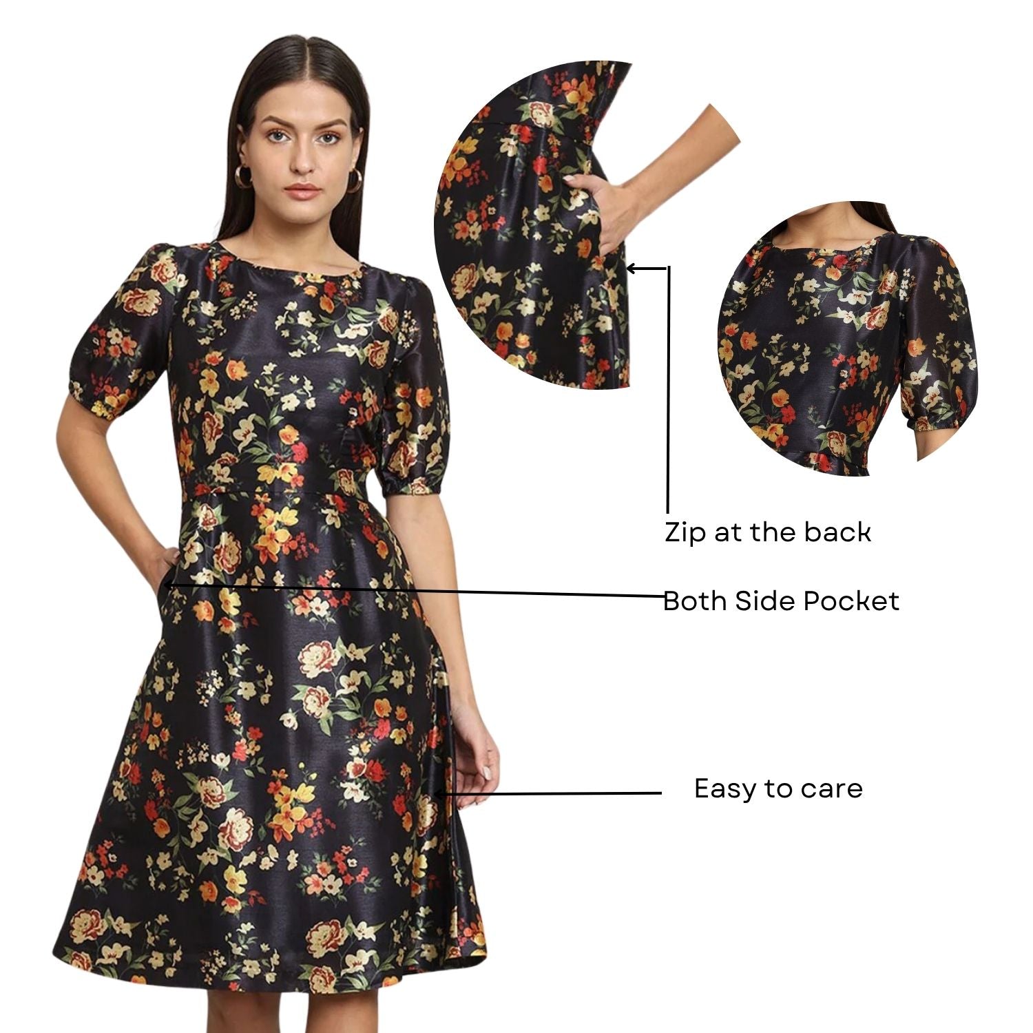 Printed Silk A-Line dress- Black