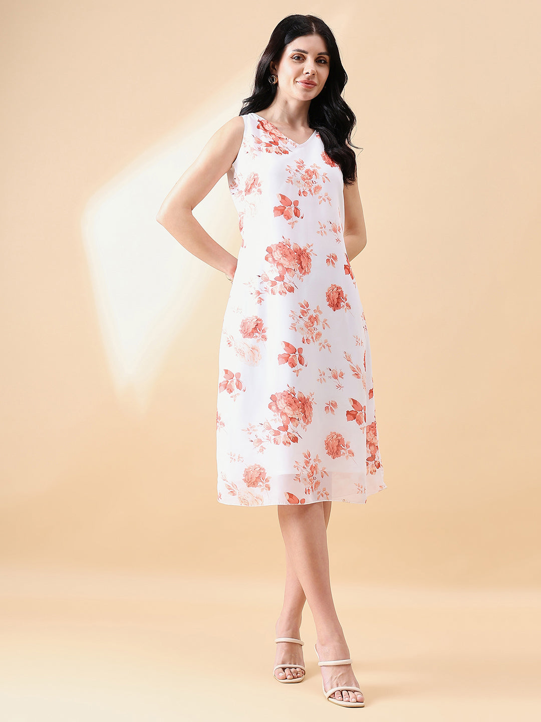 Georgette Printed floral A-Line dress- Peach