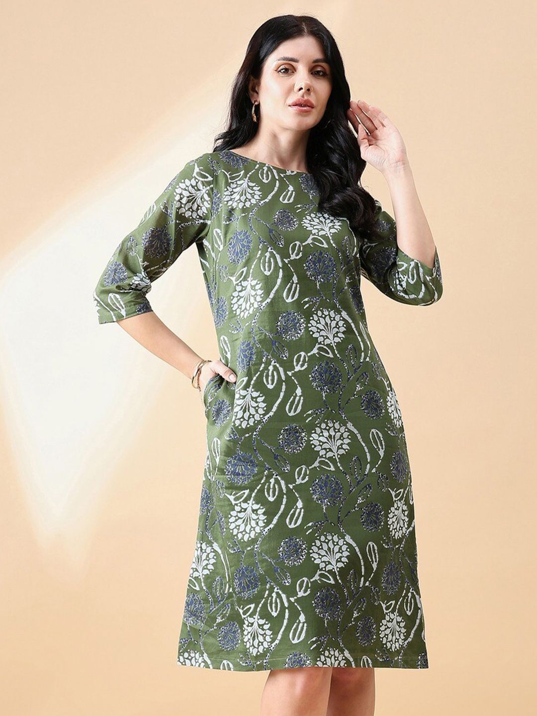 Women Olive A-Line Floral printed dress