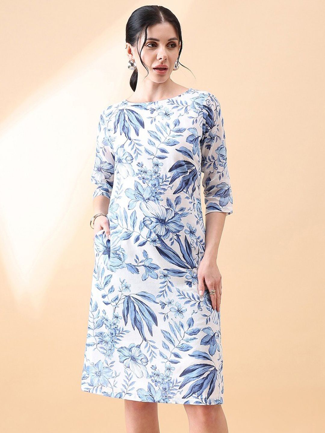 Women Floral Printed Boat Neck Cotton A-Line Dress