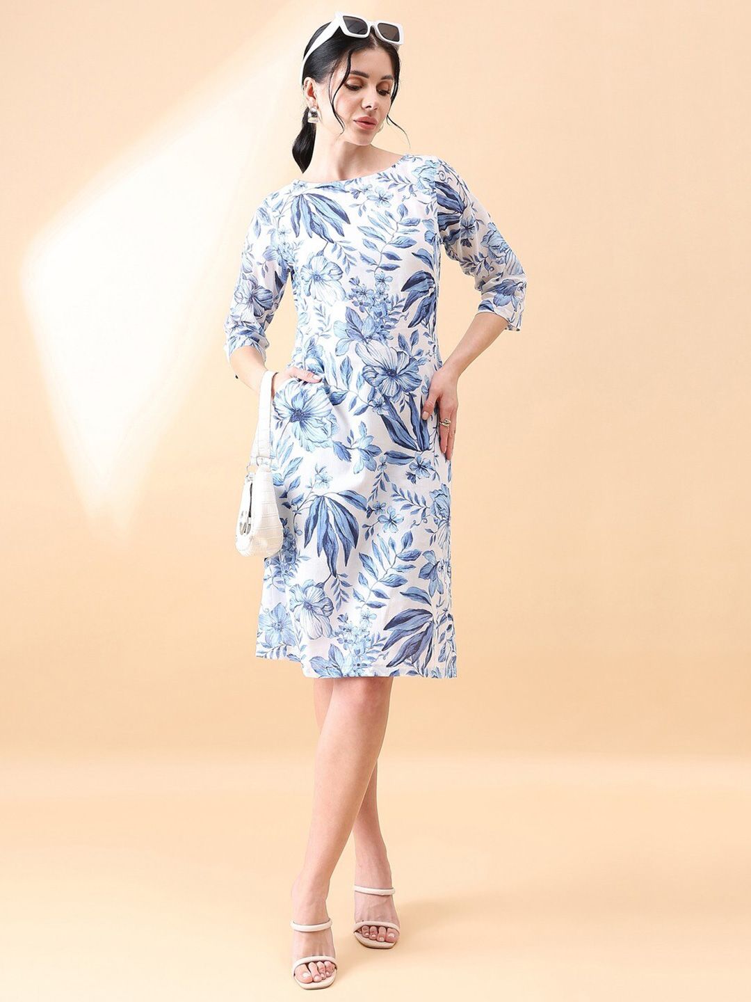 Women Floral Printed Boat Neck Cotton A-Line Dress