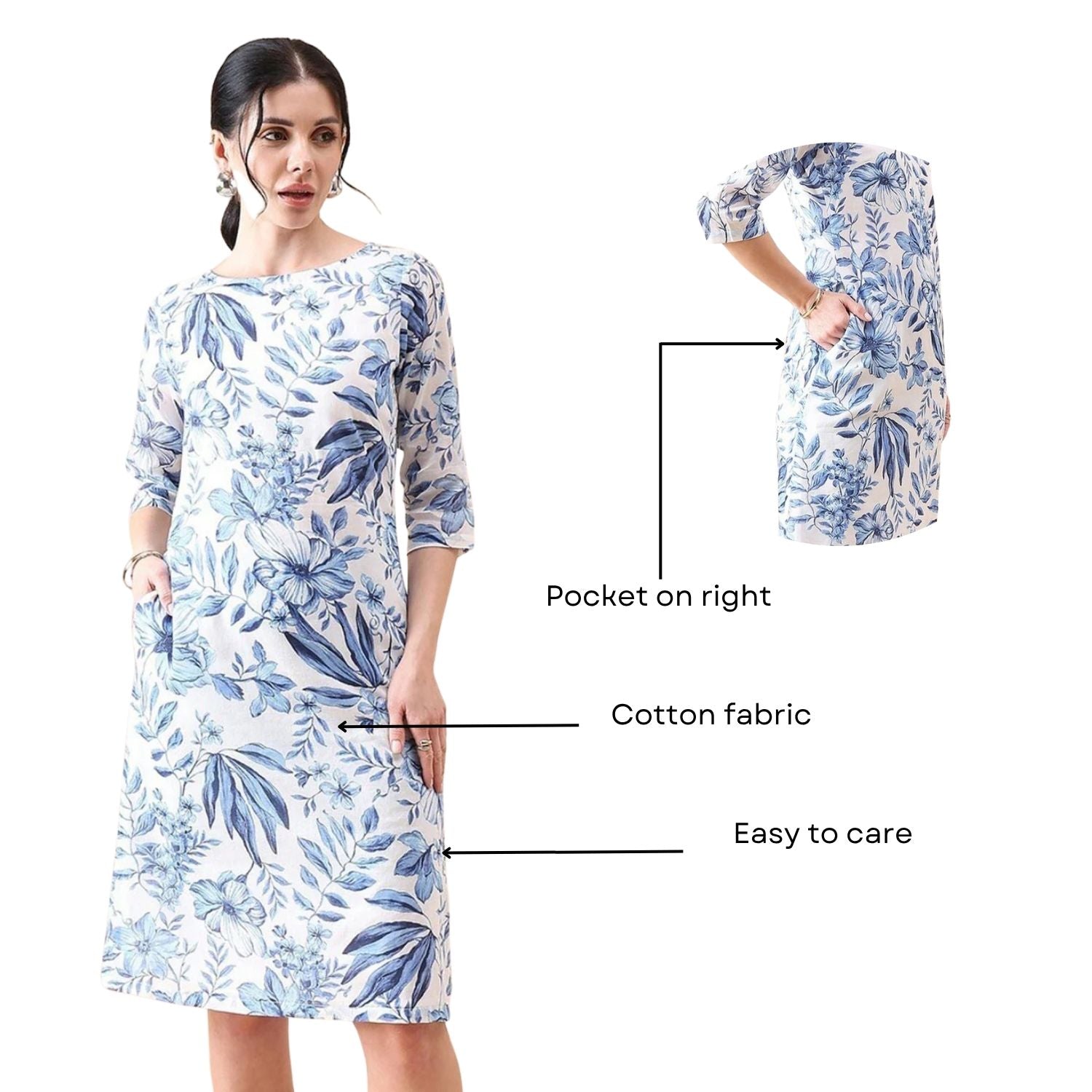Women Floral Printed Boat Neck Cotton A-Line Dress
