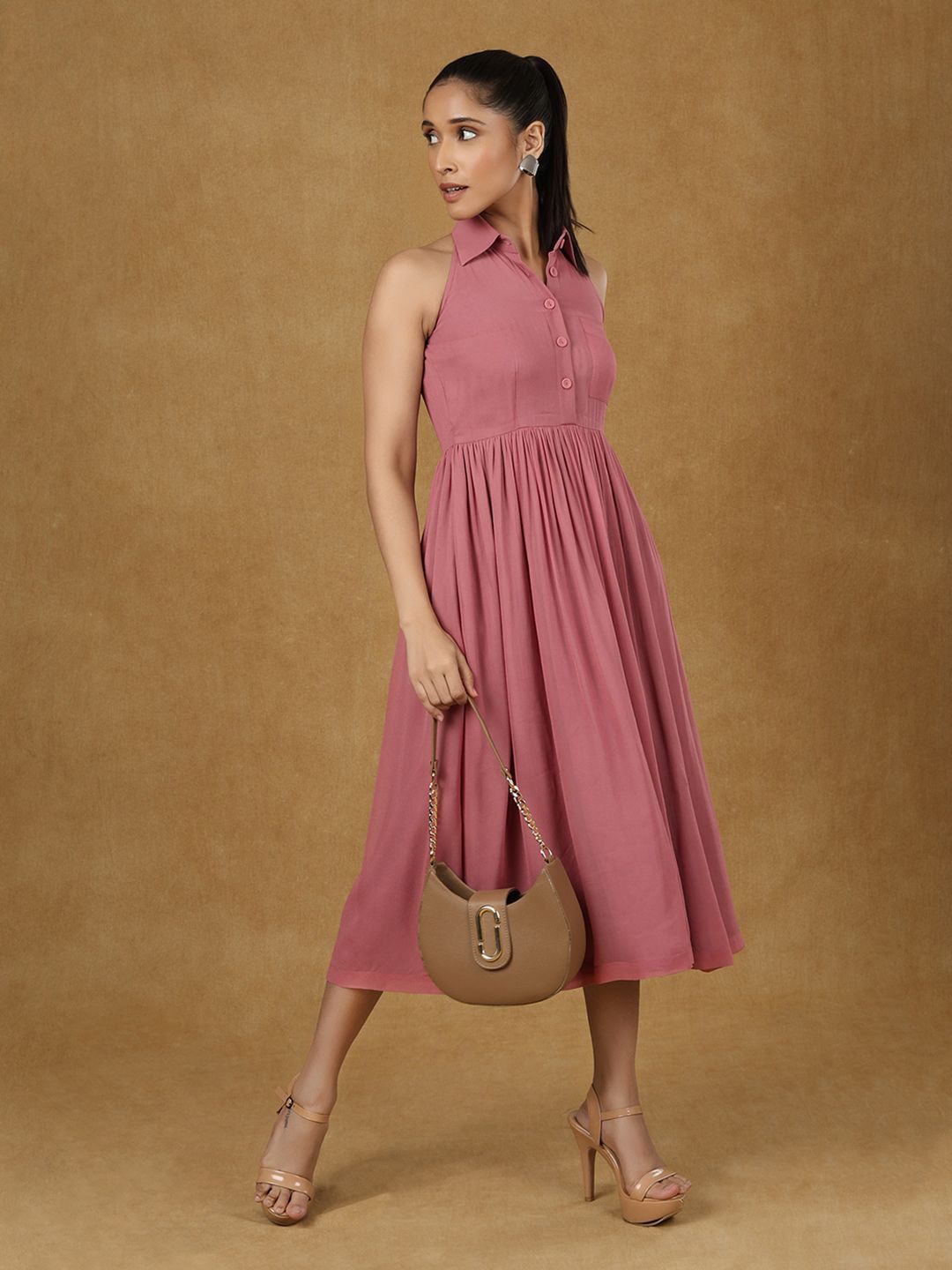halter neck collar dress Women Pink short halter neck summer dress