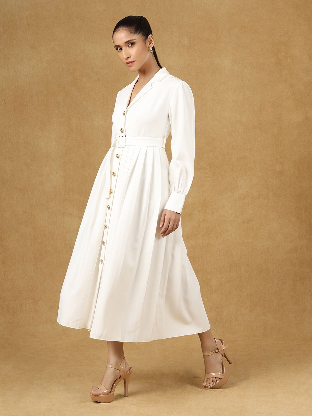 Women White Solid Notched Collar Midi Dress