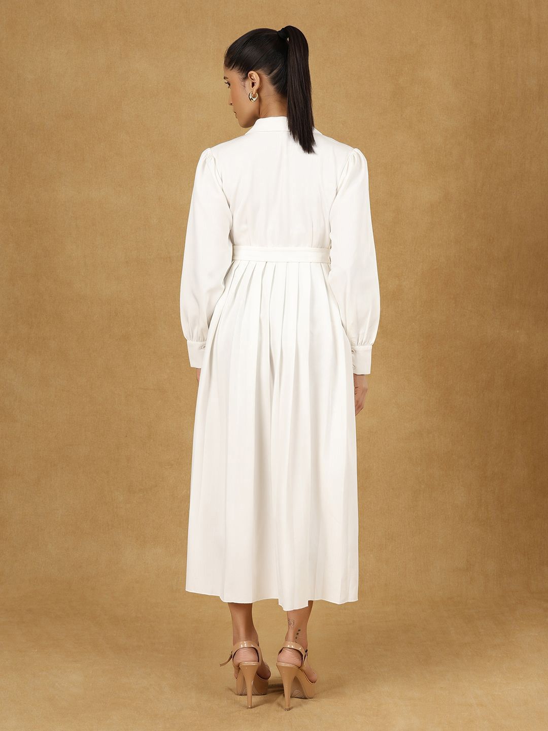 Women White Solid Notched Collar Midi Dress