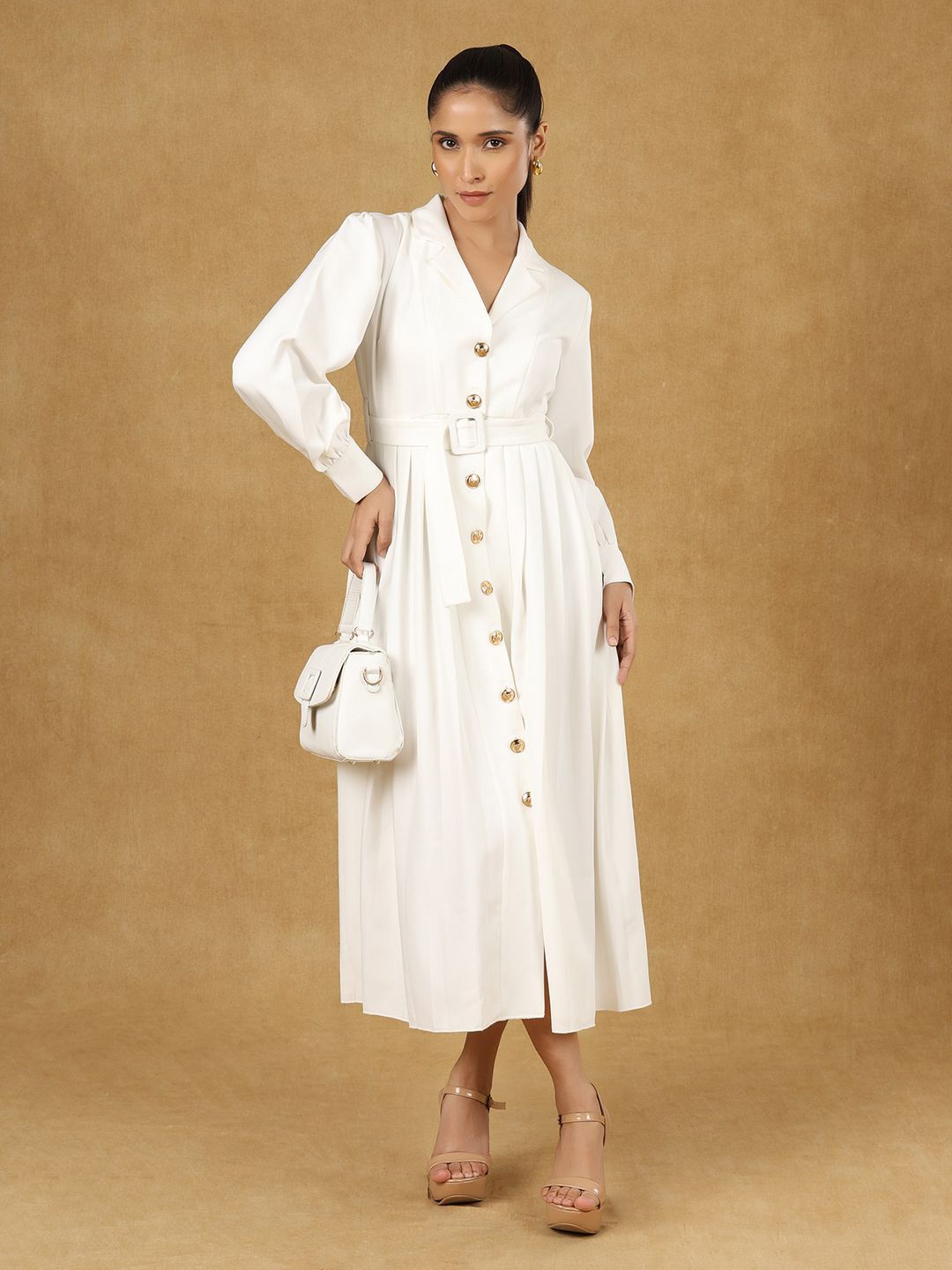 Women White Solid Notched Collar Midi Dress