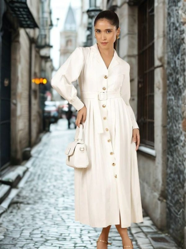 Women White Solid Notched Collar Midi Dress
