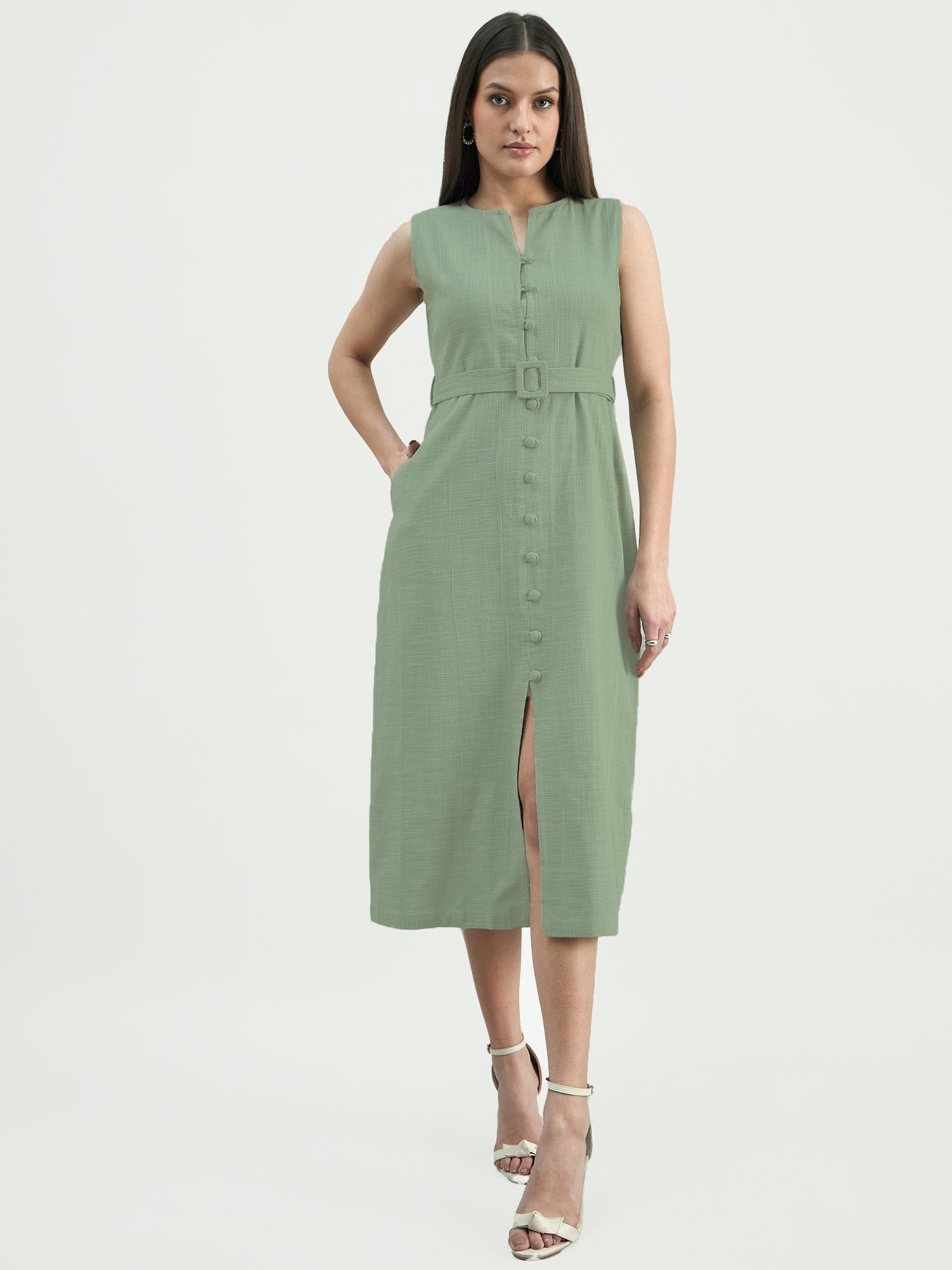 Women Button-Down Cotton Blend Sleeveless Shirt Dress